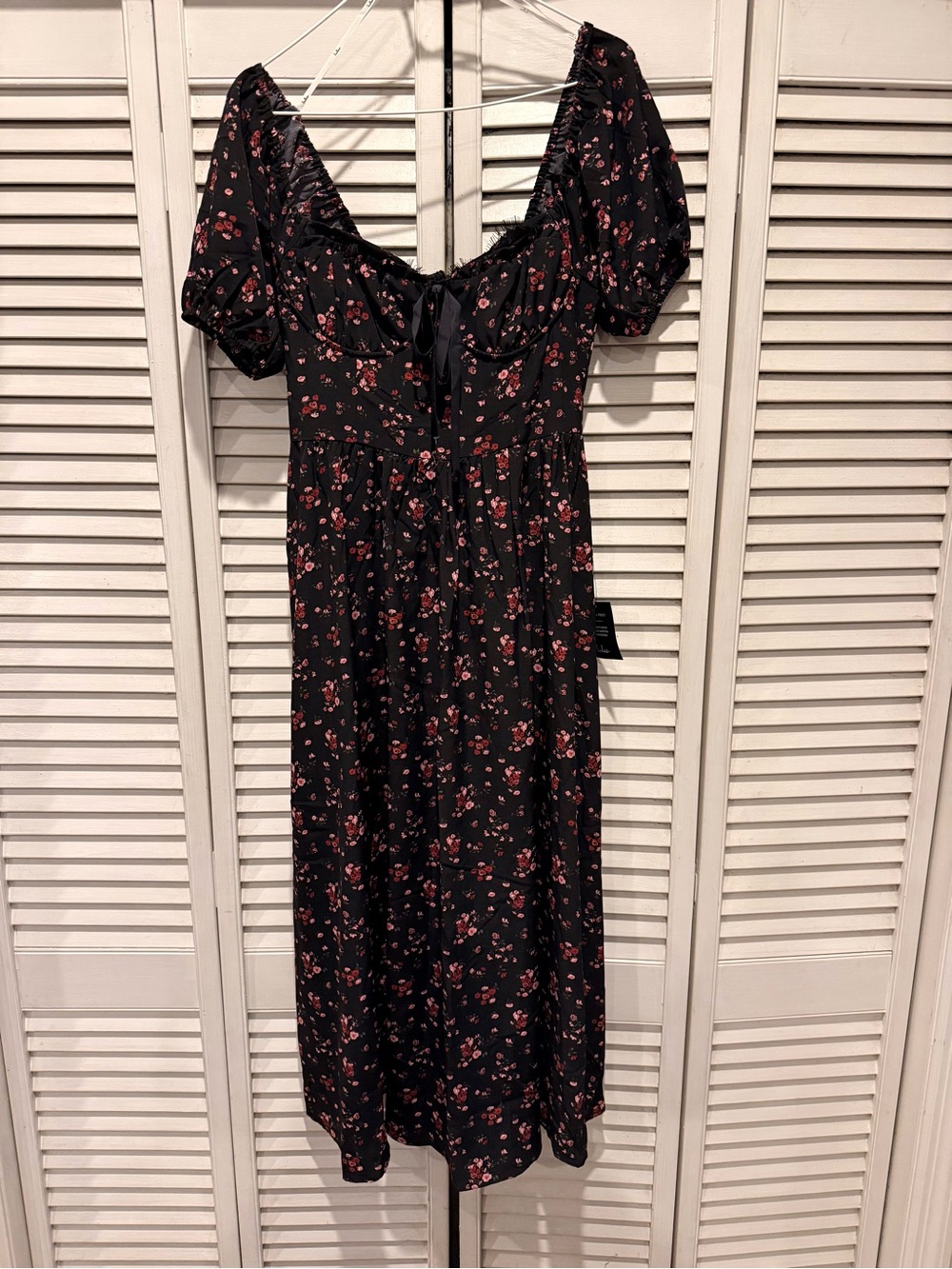 Lulus Black Floral Puff Sleeve Bustier Midi Dress